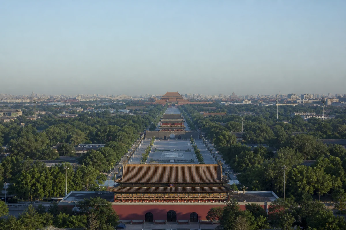 A broad ceremonial avenue aligned with Beijing's historic central axis