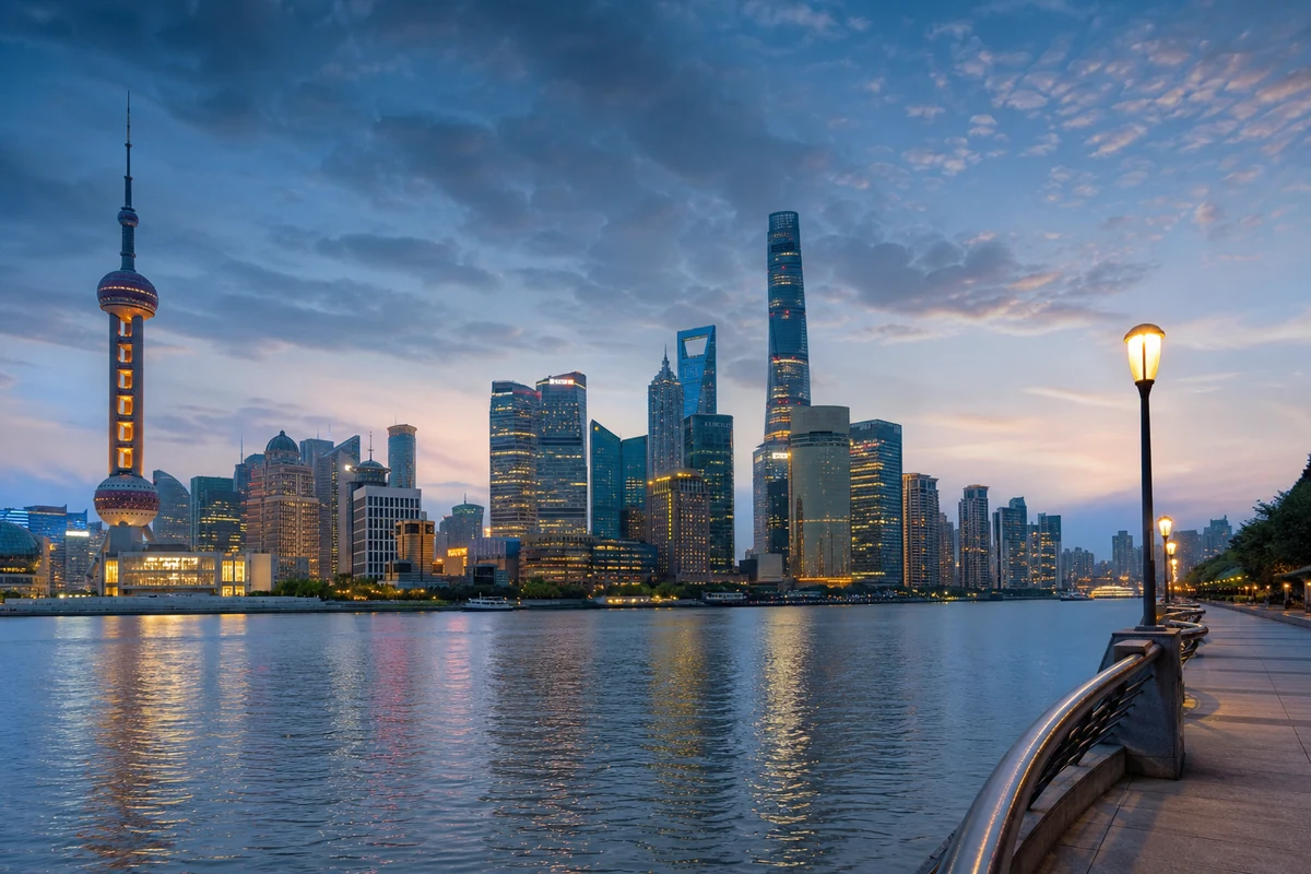 Shanghai skyline and the Huangpu River at blue hour