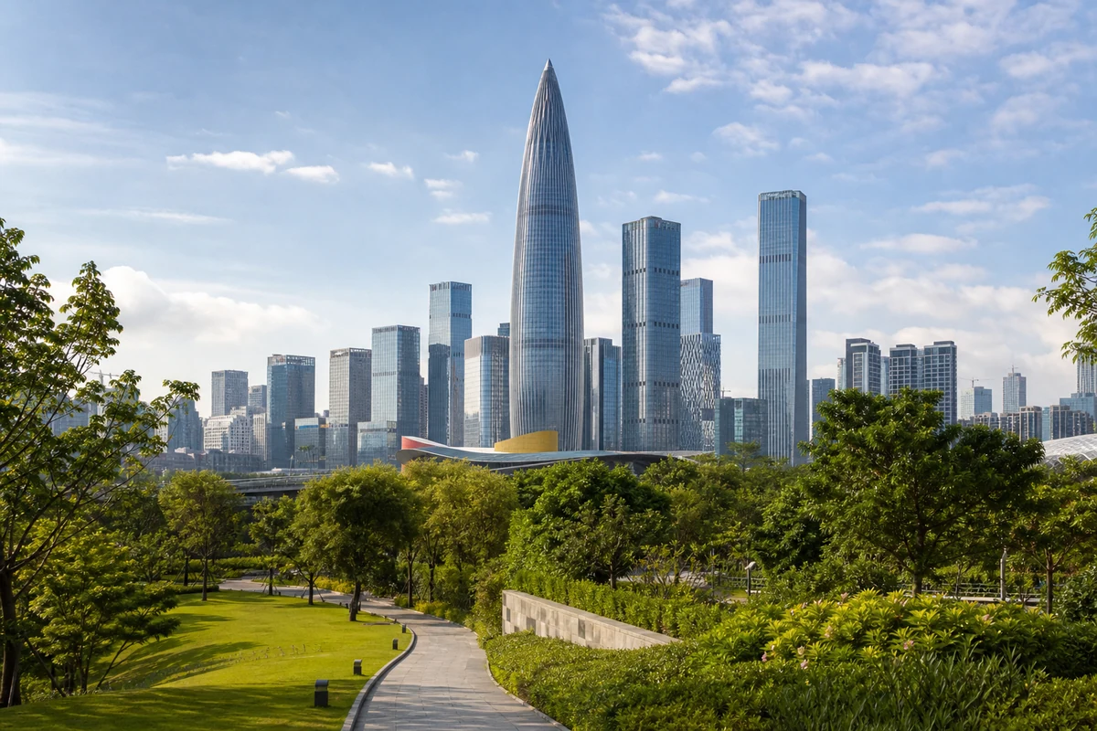 Shenzhen skyline seen from a green urban park in daylight