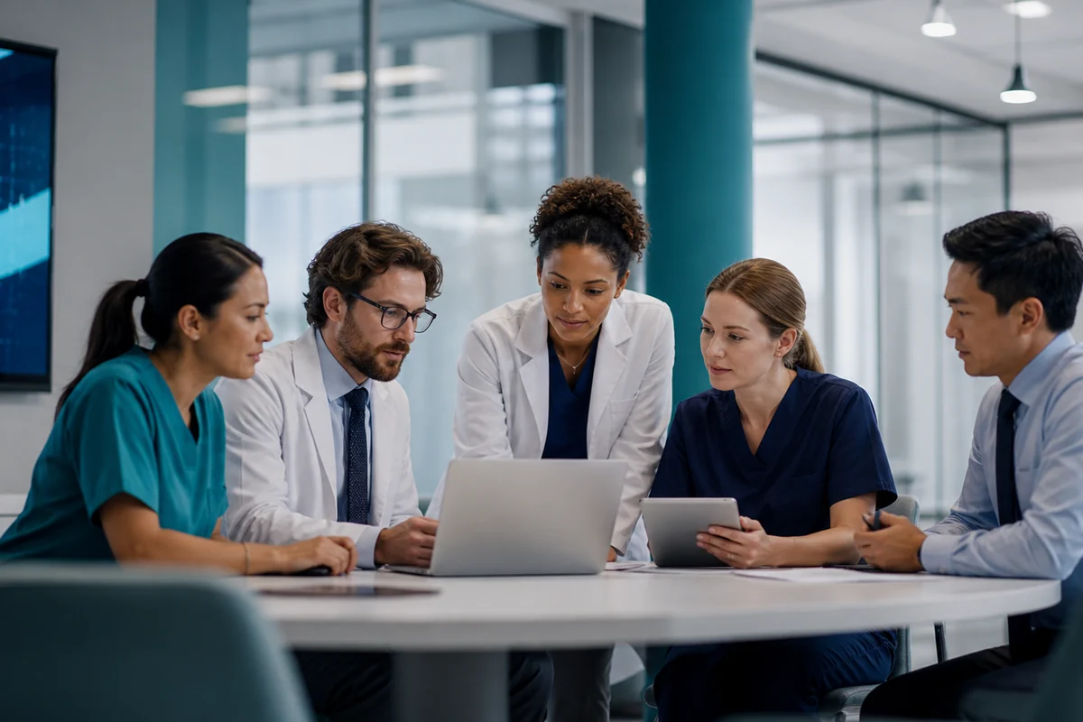 A multidisciplinary clinical team collaborating in a modern hospital