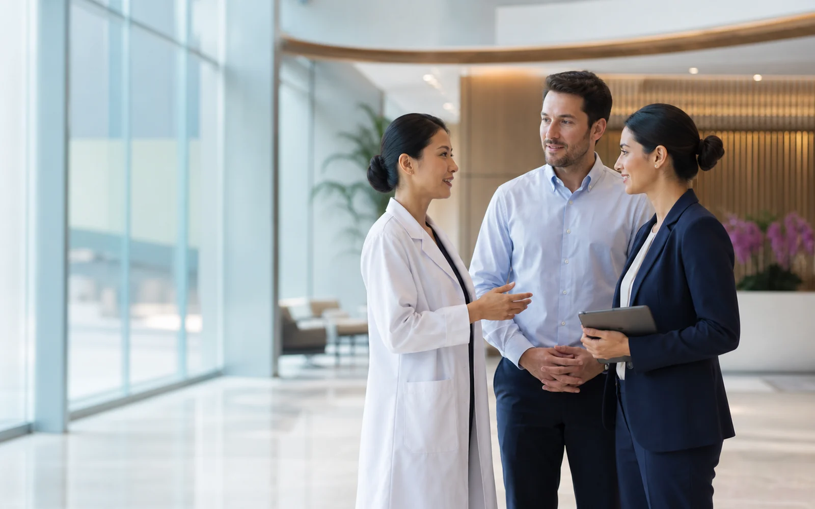 An international patient coordinator speaking with an adult patient and clinician in a modern hospital