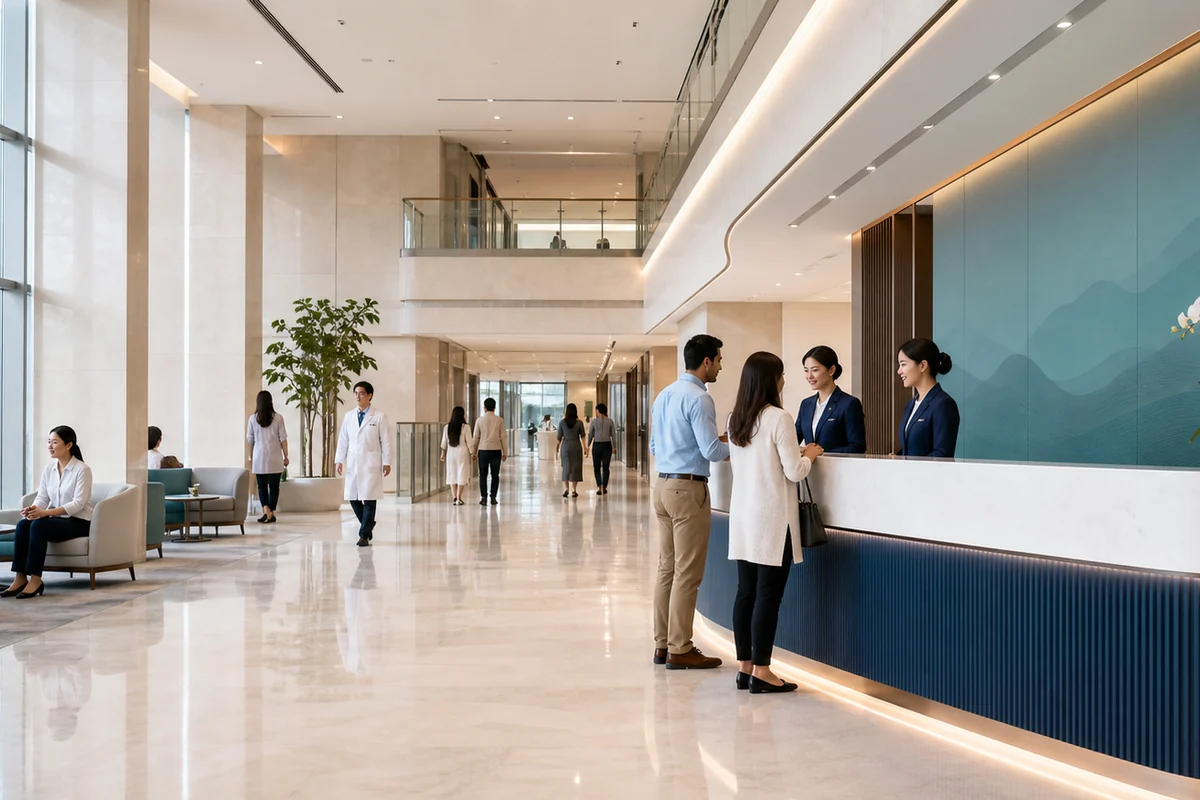 A modern hospital reception setting for international visitors