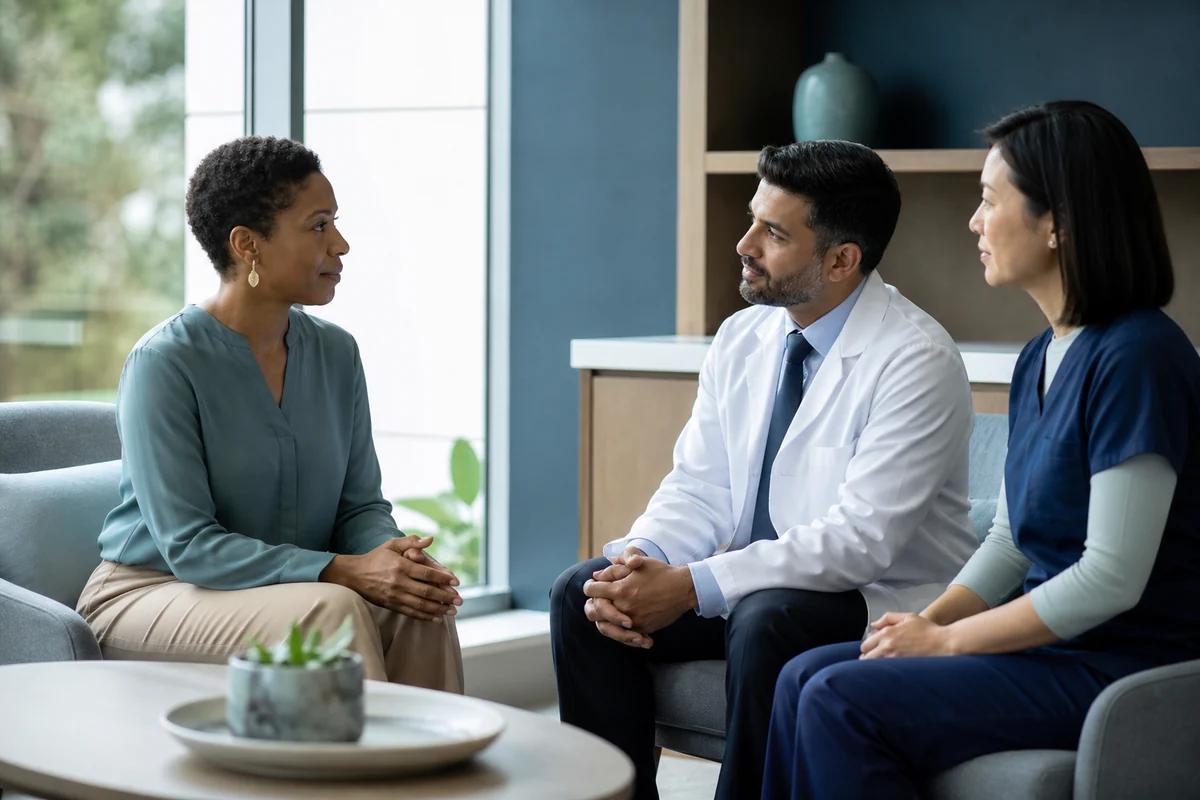 Clinicians meeting with an adult patient in a calm consultation room