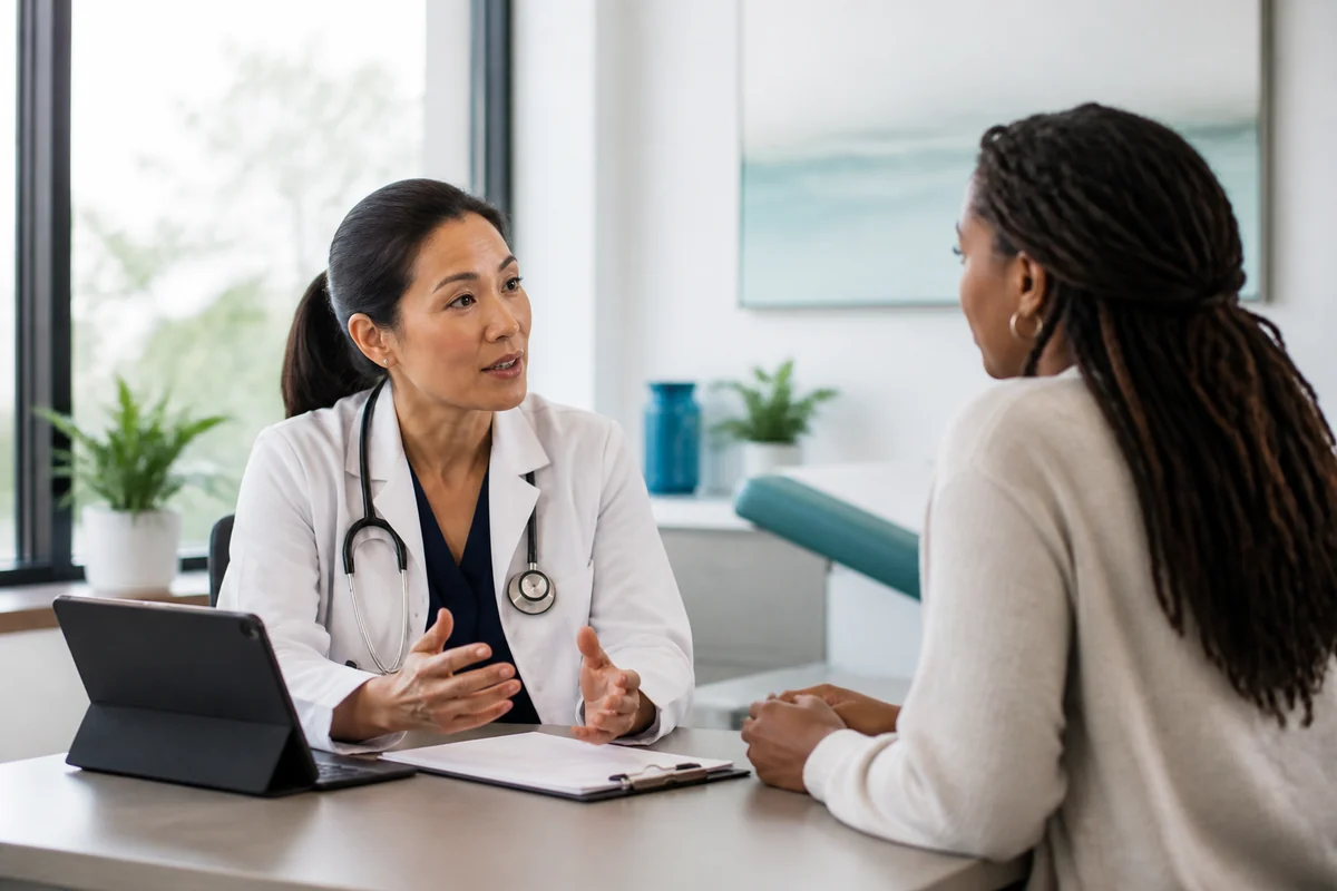 A clinician speaking with an adult patient during a preventive health-check consultation