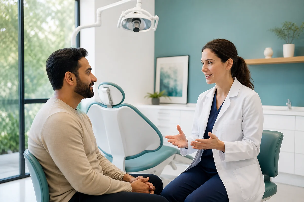 A dentist speaking with an adult patient in a modern dental consultation room